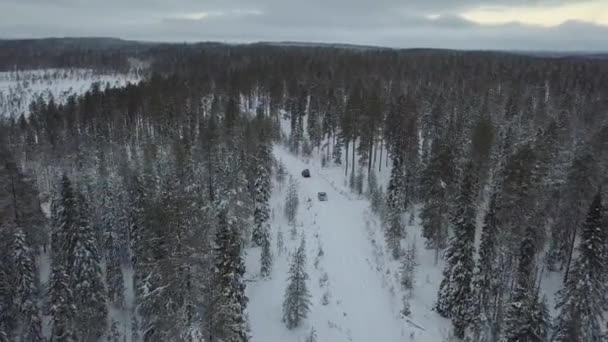 Cars Driving Snow Covered Landscape Kuusamo Finland Aerial Footage Shot — Stock videók