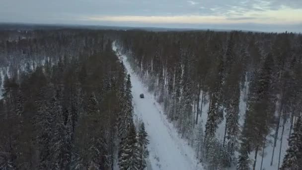 Cars Driving Snow Covered Landscape Kuusamo Finland Aerial Footage Shot — Stock video