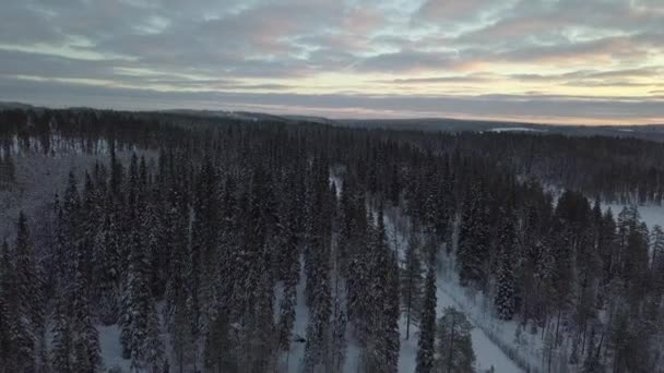 Cars Driving Snow Covered Landscape Kuusamo Finland Aerial Footage Shot — Stock video