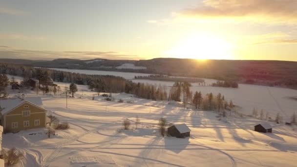 Small Rural Town Borgvattnet Sweden Next Frozen Lake Filmed Drone — ストック動画