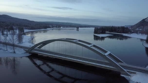 Bridge Rural Frozen Landscape Sweden Winter Dynamic Aerial Shots Sunset — Stok Video