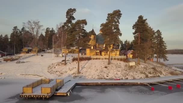 Frozen Lake Falun Sweden Cold Winter December Filmed Drone Dynamic — Video Stock