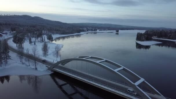 Bridge Rural Frozen Landscape Sweden Winter Dynamic Aerial Shots Sunset — Wideo stockowe