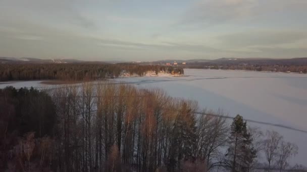 Frozen Lake Falun Sweden Cold Winter December Filmed Drone Dynamic — Video Stock