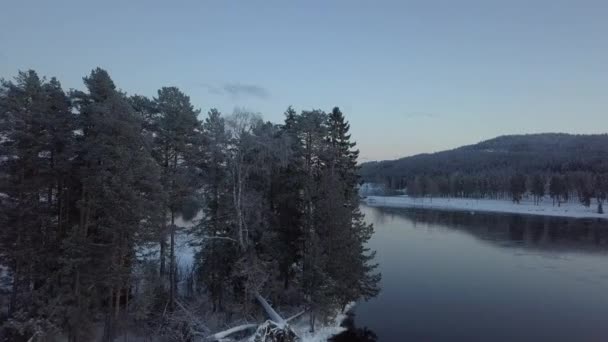 Cold River Stugun Sweden Cold Winter December Filmed Drone — Stock Video