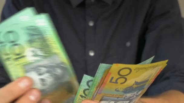 Close Male Hands Counting Australian Money — Stock Video