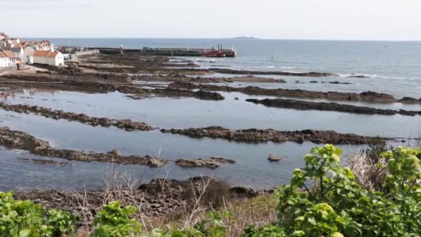 Aldeia Fife Escocesa Com Pitoresco Porto Telhados Vermelhos Barco Pesca — Vídeo de Stock