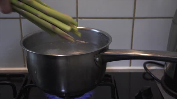 シェフがアスパラガスを熱湯に入れて蒸す — ストック動画