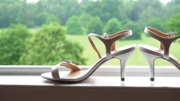 Brides Wedding Shoes Windowsill Lovely View Background — Stock Video