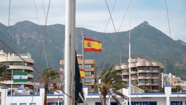 Spanish Flag Waving Marina Marbella — Stock Video