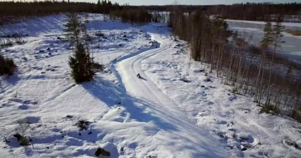 Εναέρια Drone Shot Snow Mobile Έλκηθρο Οδήγηση Κάτω Χειμερινό Δρόμο — Αρχείο Βίντεο