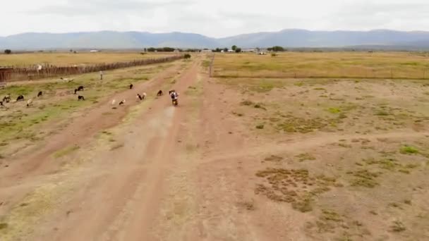Roadtrip Motorbike Samburu Maasai Land Kenya Aerial Shots — стоковое видео