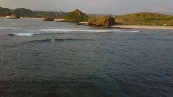 Surf Spot Pantai Seger Kuta Lombok Aerial Shots Sunset — Video