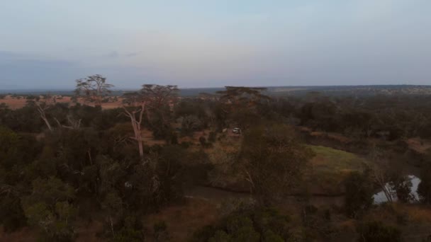 肯尼亚Ol Pejeta的一条河和一个营地附近的日出 空中射击 — 图库视频影像