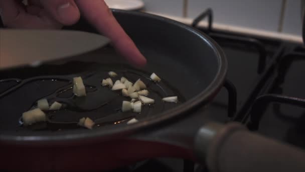 Chef Frying Chopped Garlic Olive Oil Making Italian Soffritto — стоковое видео