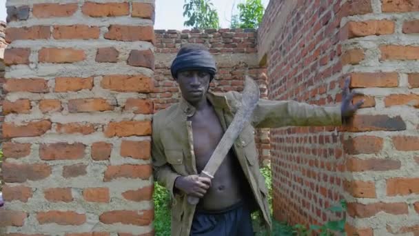 Shot Young African Gangster Holding Machete Abandoned House Rural Africa — Video