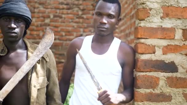 Pan Shot Two Young African Gangsters Holding Weapons Abandoned Building — Stock Video