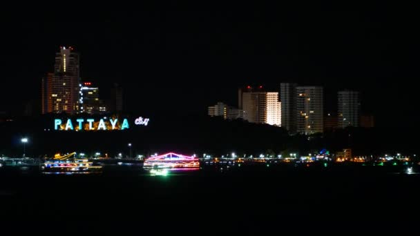 Pattaya City Thailand Night Timelapse Colorful Boat Restaurants Sea City — стоковое видео