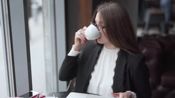 Femme Sirotant Café Tout Travaillant Sur Ordinateur Portable — Video