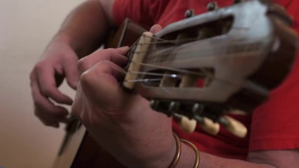 Musician Plucking Strumming Spanish Guitar Close — стокове відео
