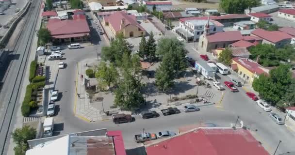 Aerial Orbit Shot Center Plaza Kiosk Creel Chihuahua Mexico — стоковое видео