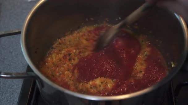 搅拌博洛尼亚酱汁 番茄酱和蔬菜 — 图库视频影像