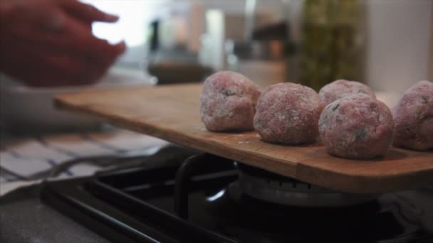 Housewife Preparing Delicious Beef Meatballs Kitchen Counter Top — Vídeo de stock