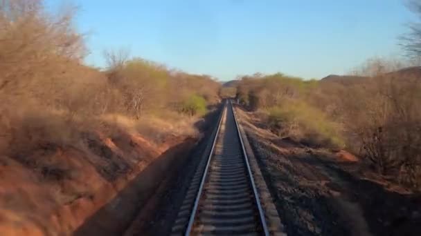 从窗户望去 一辆移动的火车穿过干旱的风景 — 图库视频影像