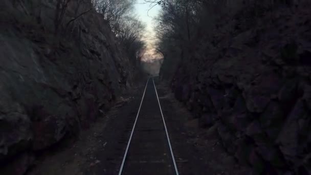 Pov Moving Train Passing Narrow Scary Scenery — стоковое видео