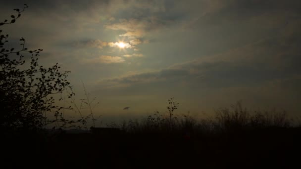 Moln Och Himmel Korsar Solen Kvällen Låg Vinkel Utsikt Ett — Stockvideo