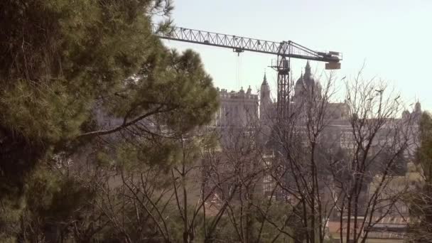 马德里工程起重机和从Debod公园看到的Palacio Real — 图库视频影像