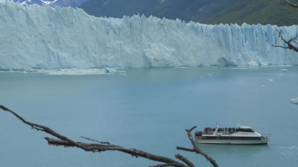 Een Toeristenboot Vaart Langs Een Enorme Gletsjer Patagonië — Stockvideo