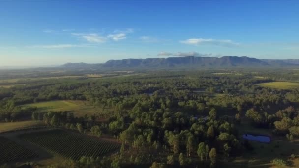 Flygdrönare Drar Tillbaka Över Fält Med Avlägsna Berg Hunter Valley — Stockvideo