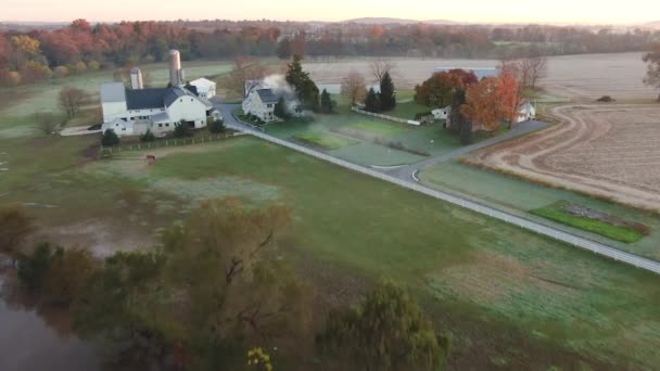 Fliegendes Laub Fällt Über Den Conestoga River Einem Amish Farmhouse — Stockvideo