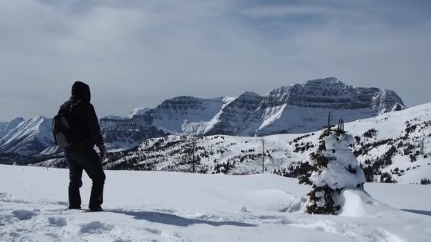 Man Walking Snow Top Mountain — Stok video