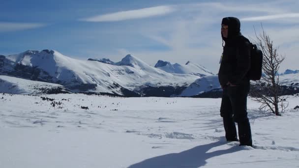 Man Walking Snow Top Mountain — Stock video