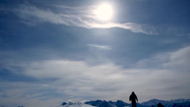 Man Walking Snow Top Mountain — Stock video