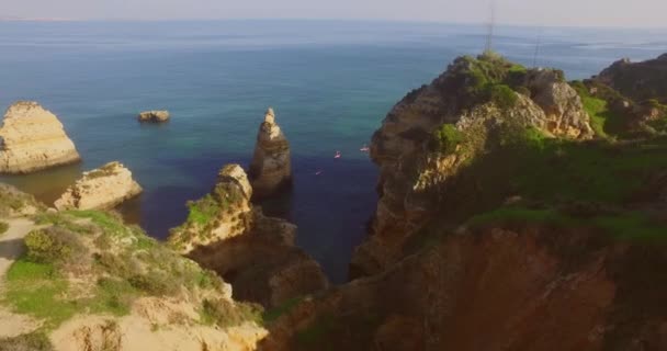 Famous Cliffs Caves Farol Ponta Piedade Lagos Portugal Aerial Shot — Video