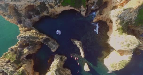 Famous Cliffs Caves Farol Ponta Piedade Lagos Portugal Aerial Shot — Video