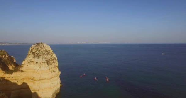 Famous Cliffs Caves Farol Ponta Piedade Lagos Portugal Aerial Shot — ストック動画