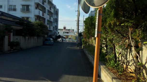 Roadside Mirror Morning Sunlight Glare Reflection Residential Street Okinawa Japan — 비디오