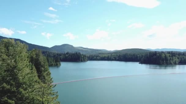 青い空と森に満ちた海岸線を持つ湖の広大な空中ショット — ストック動画