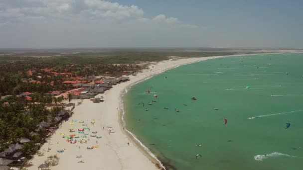 Kitesurfers Small Town Barra Grande North Brazil Aerial Shot — Stockvideo