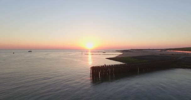 Aerial Pier Beach Lighthouse Sunset Village Westkapelle Netherlands — Stock Video