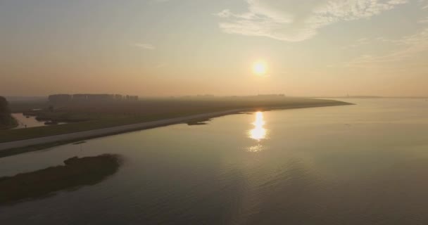 Aerial Dykes Shoreline Oosterschelde Netherlands Filmed Hazy Sunset — Stock Video