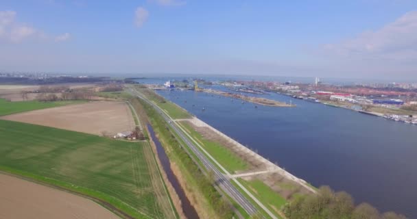 Cargo Ships Port Terneuzen Netherlands Going Ghent Belgium Aerial Shot — Stock Video