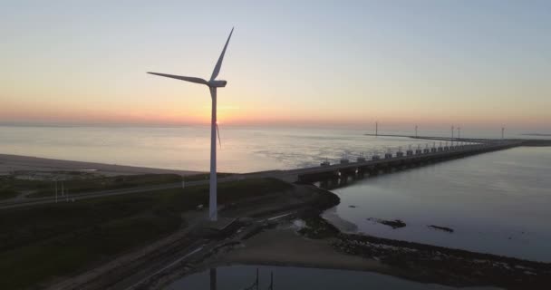 Aerial Oosterschelde Storm Surge Barrier Windturbines Netherlands — Stock Video