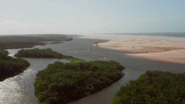 Aérien Kitesurf Dans Delta Fleuve Parnaiba Nord Brésil — Video