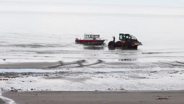 Recuperación Barco Alquiler Pesca Cooks Inlet Con Skidder Tronco Playa — Vídeos de Stock