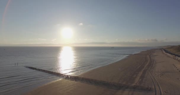 Flygfoto Stranden Mellan Vlissingen Och Dishoek Vid Solnedgången — Stockvideo